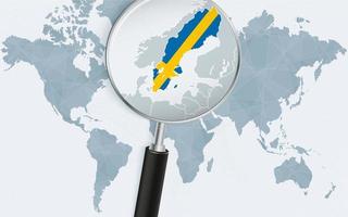 World map with a magnifying glass pointing at Sweden. Map of Sweden with the flag in the loop. vector