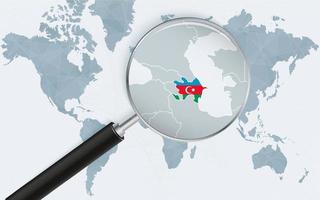 World map with a magnifying glass pointing at Azerbaijan. Map of Azerbaijan with the flag in the loop. vector