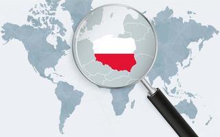 World map with a magnifying glass pointing at Poland. Map of Poland with the flag in the loop. vector