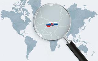 World map with a magnifying glass pointing at Slovakia. Map of Slovakia with the flag in the loop. vector