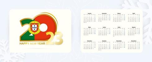 Horizontal Pocket Calendar 2023 in Portuguese language. New Year 2023 icon with flag of Portugal. vector