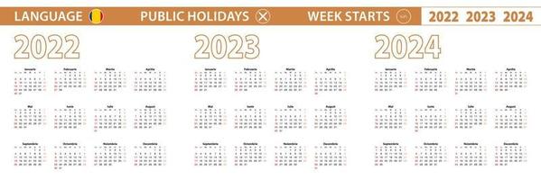 2022, 2023, 2024 year vector calendar in Romanian language, week starts on Sunday.