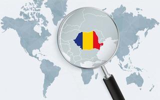 World map with a magnifying glass pointing at Romania. Map of Romania with the flag in the loop. vector