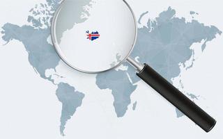 World map with a magnifying glass pointing at Iceland. Map of Iceland with the flag in the loop. vector