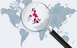 World map with a magnifying glass pointing at United Kingdom. Map of United Kingdom with the flag in the loop. vector