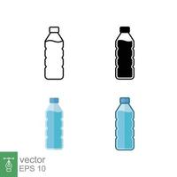 Water bottle icon set in different style. Line, solid, flat, filled outline. Plastic bottle, drink, mineral, soda, juice, package concept. Vector illustration isolated on white background. EPS 10.