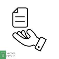 Document handover line icon. Simple outline style file symbol. Ownership, transfer, academy, business agreement concept. Vector illustration isolated on white background. EPS 10.