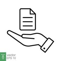 Document handover line icon. Simple outline style file symbol. Ownership, transfer, academy, business agreement concept. Vector illustration isolated on white background. EPS 10.