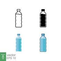 Water bottle icon set in different style. Line, solid, flat, filled outline. Plastic bottle, drink, mineral, soda, juice, package concept. Vector illustration isolated on white background. EPS 10.