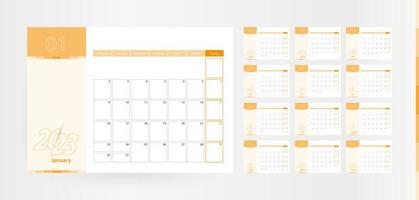 planificador horizontal para el año 2023 en el esquema de color naranja. la semana comienza el lunes. un calendario de pared de estilo minimalista. vector