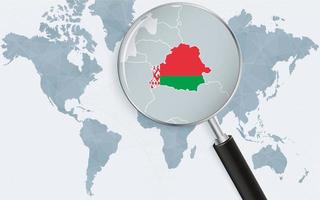 World map with a magnifying glass pointing at Belarus. Map of Belarus with the flag in the loop. vector