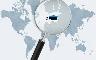 World map with a magnifying glass pointing at Estonia. Map of Estonia with the flag in the loop. vector