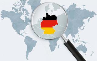 World map with a magnifying glass pointing at Germany. Map of Germany with the flag in the loop. vector