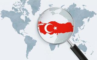 World map with a magnifying glass pointing at Turkey. Map of Turkey with the flag in the loop. vector