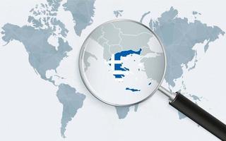 World map with a magnifying glass pointing at Greece. Map of Greece with the flag in the loop. vector