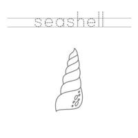 Trace the letters and color cartoon sea shell. Handwriting practice for kids. vector