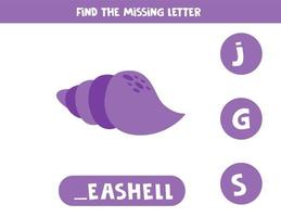 Find missing letter with seashell. Spelling worksheet. vector