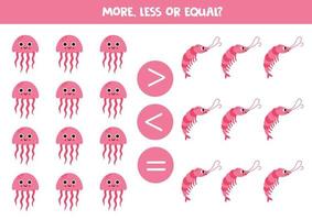 More, less or equal with cartoon pink jelly fish and shrimps. vector