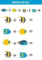 Addition game with different sea fish. Educational math game for preschool kids. vector