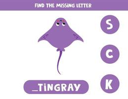 Find missing letter with cute purple stingray. Spelling worksheet. vector