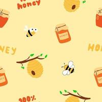 Honey seamless pattern in doodle style with a bee, honey spoon, beehive, and lettering vector