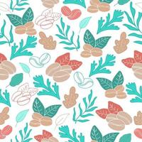 Seamless pattern with colorful hand drawn coffee tree branches and beans. Retro style vector