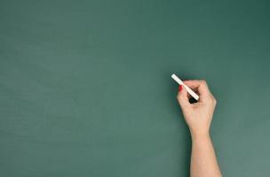 hand holds a piece of white chalk on the background of an empty green chalk board, presentation concept photo