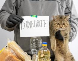 man collects food, fruits and things in a cardboard box to help the needy and the poor photo