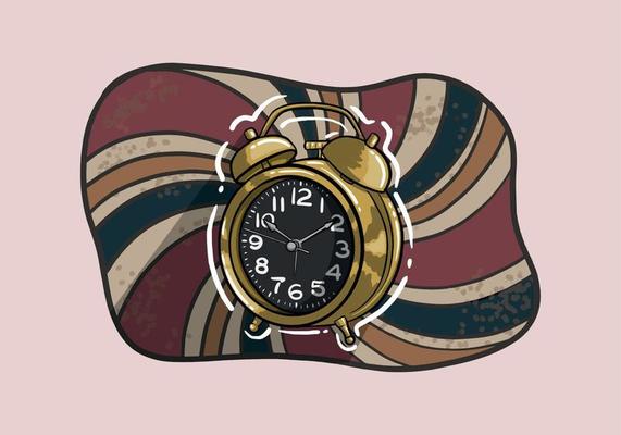 Hand drawn Retro alarm clock on retro background.