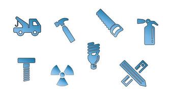 icons in gradient color - tow-truck, hammer, saw, fire-extinguisher, bolt, radio-active, energy-savings, calculations vector