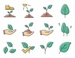 Set of simple vector icons, Twigs with Leaves. Growth and conservation of the environment.