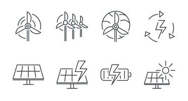 conjunto de iconos de línea aislados vectoriales, fuentes de energía alternativas, generador solar y eólico. vector