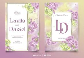 plantilla de invitación de boda en acuarela con adorno de flores moradas y verdes vector