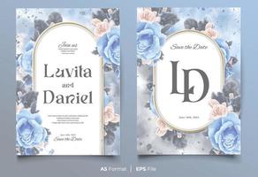 plantilla de invitación de boda de acuarela con adorno de flores azul y negro vector