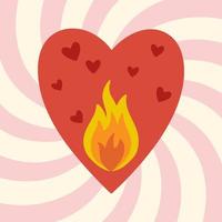 tarjeta de felicitación del día de san valentín caliente. tarjeta de san valentin concepto de amor. corazón con una llama de amor. Tendencias estilo retro de dibujos animados. vector