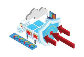 Modern isometric Security Data Protection Isometric Flat vector illustration concept. People works with Server Laptop Mobile Smartphone in Cloud network.