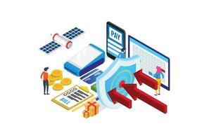 Modern isometric Security Data Protection Isometric Flat vector illustration concept. People works with Server Laptop Mobile Smartphone in Cloud network.