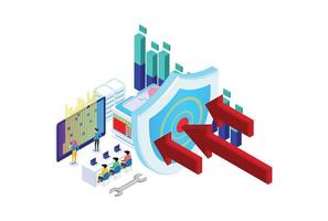 Modern isometric Security Data Protection Isometric Flat vector illustration concept. People works with Server Laptop Mobile Smartphone in Cloud network.