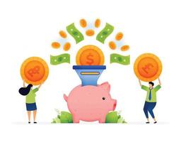 Vector illustration of savings future in the piggy bank machine metaphor. Safe and secure banking innovation in empowering savings. Can use for ad, poster, campaign, website, apps, social media