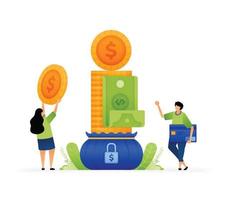 Vector illustration of stacking up and building financial security, coin by coin. Tall towers of savings. Growing wealth through saving. Can use for ad, poster, campaign, website, apps, social media