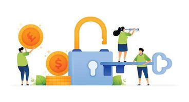 Vector illustration of safe and secure on protecting financial data. Visual metaphor for financial protection. Safeguarding financial data with giant lock. Can use for ad, poster, campaign, website