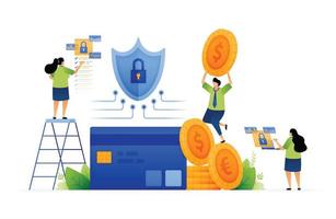 Vector illustration of safe and secure on credit card security. Secure transactions with protection in network system. Guarding your financial future. Can use for ad, poster, campaign, website, apps