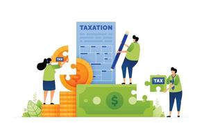 Vector illustration of Tax Time. Paying and Preparation on Filling Out Tax Forms and Managing Money. Planning and Completing Tax Forms. Can use for ad, poster, campaign, website, apps, social media