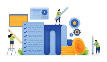 Vector illustration of financial auditing in bank management. Examining records and checklists for accuracy. Reviewing exam results and accounting data. Can use for ad, poster, campaign, website, apps