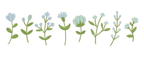 Garden floral plants set. Simple doodle flower plants isolated on white background. Colorful flat vector illustration