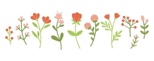 Garden floral plants set. Simple doodle flower plants isolated on white background. Colorful flat vector illustration