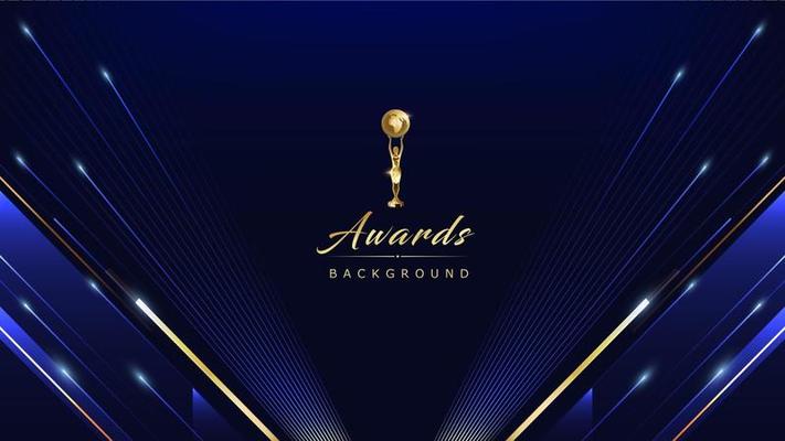 Dark Blue Golden Royal Awards Graphics Background. Lines Growing Elegant Shine Spark. Luxury Premium Corporate Abstract Design Template. Classic Shape Post. Center LED Screen Visual. Lights Fireworks