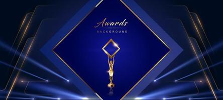 Blue Golden Diamond Stage Spotlight Award Background. Trophy on Luxury Background. Modern Abstract Design Template. LED Visual Motion Graphics. Wedding Marriage Invitation Poster. Certificate Design. vector