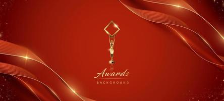 Red Maroon Golden Side Corner Ribbon Award Background. Trophy on Red Luxury Background. Modern Abstract Design Template. LED Visual Motion Graphics. Wedding Marriage Invitation Poster. Flowing Lines. vector