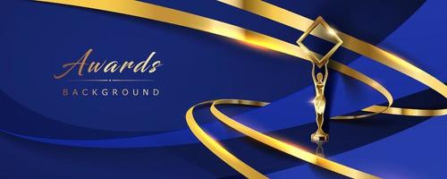 Golden Blue Trophy Award Background. Jubilee Night Decorative Invitation. Trophy on Stage. Wedding Entertainment Hollywood Bollywood Night. Golden Ribbons Dynamic Shape Flowing. vector